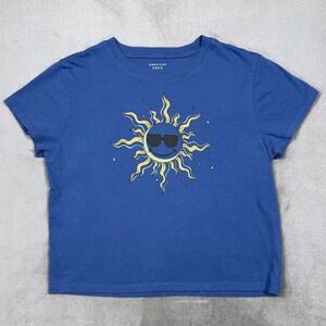 American‎ Eagle Blue Smiley Sun Graphic Crop Tee Women's Small Layering Top